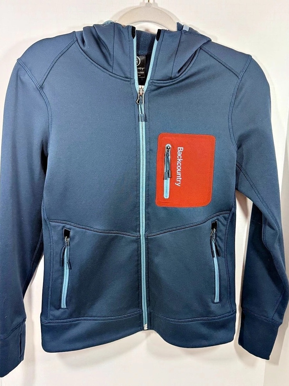 Backcountry XS Blue Fleece Lined Full Zip Hooded Jacket Orange Pocket